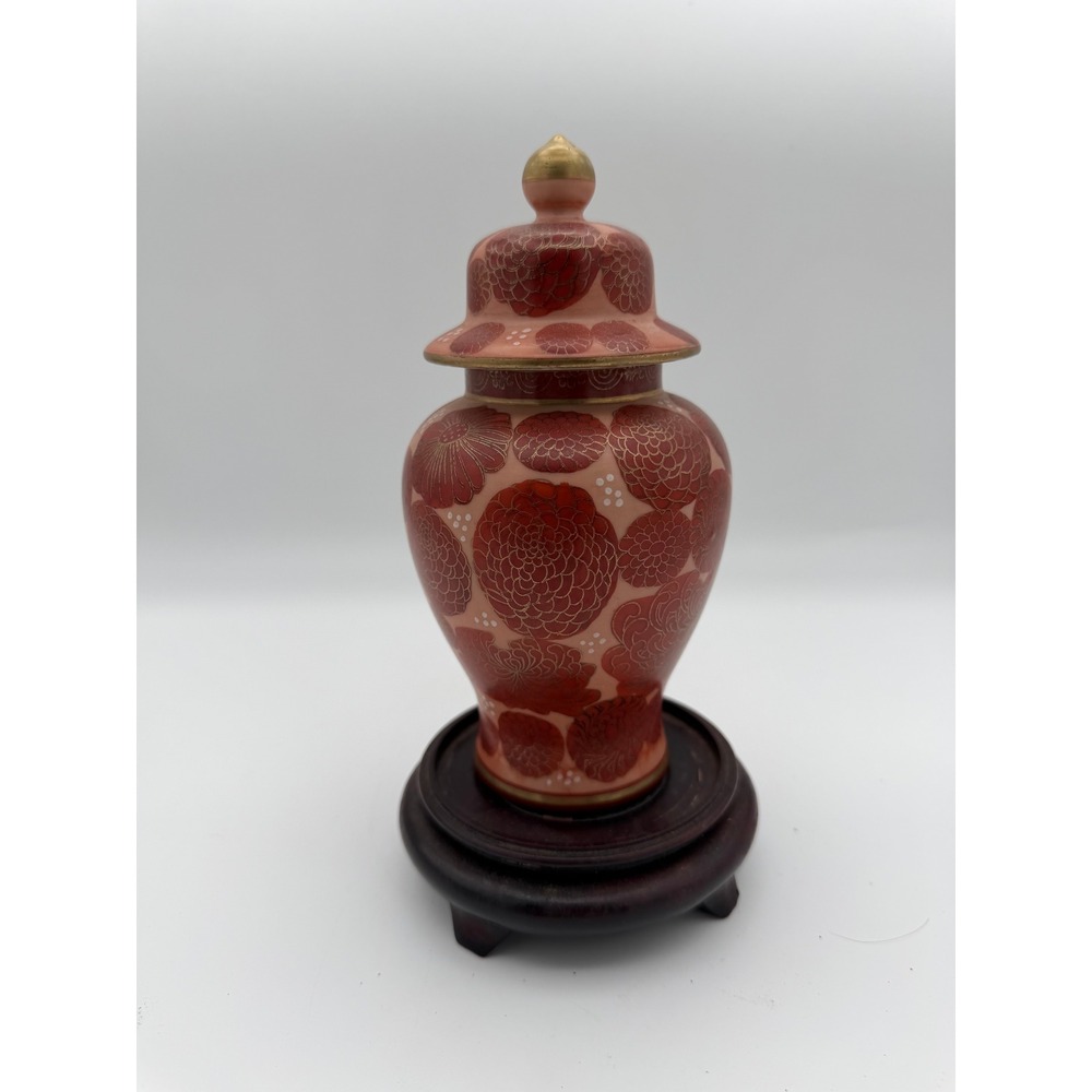 Vintage Kutani Japanese Ginger Jar Red Gold Chrysanthemum Floral Porcelain Stand